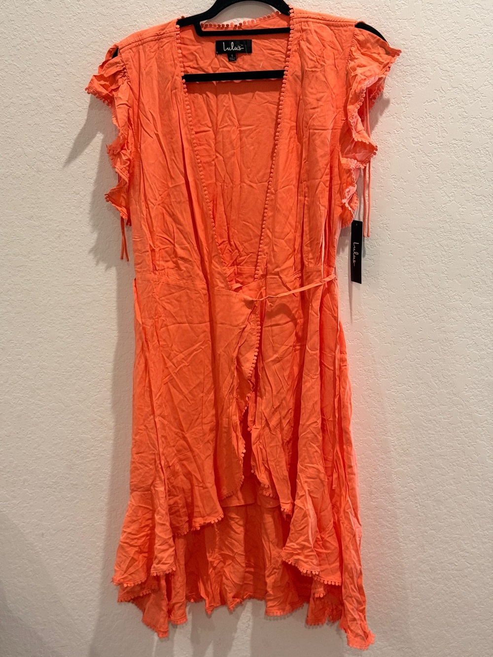 Lulu's Bright Coral Orange High-Low Ruffle Wrap Dress